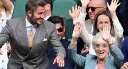 David Beckham took part in a Mexican wave with his mum Sandra in the Royal Box as they got in the spirit for day one of Wimbledon on Monday