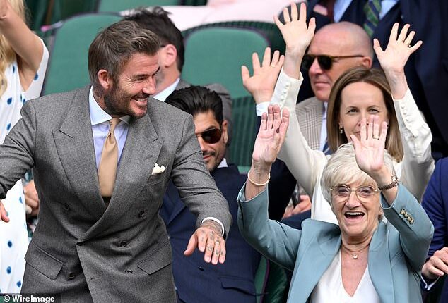 David Beckham took part in a Mexican wave with his mum Sandra in the Royal Box as they got in the spirit for day one of Wimbledon on Monday