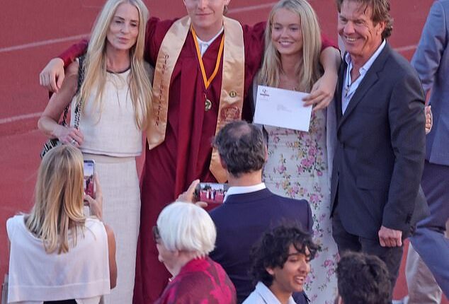 Dennis Quaid looked positively giddy as he awkwardly reunited with his ex-wife this week at their son's high school graduation - days after filing to end his child support payments - seen with Kimberly Buffington and twins Zoe and Thomas, 18