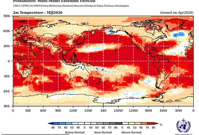 Scientists warn that a so¿called 'super El Niño' could push global temperatures (pictured) to record¿breaking highs