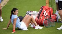 The former US Open champion was still sporting heavy strapping on her right ankle and shin during practice at Wimbledon on Sunday