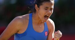 Emma Raducanu celebrates during her semi-final victory over Iva Jovic, her second match of the day