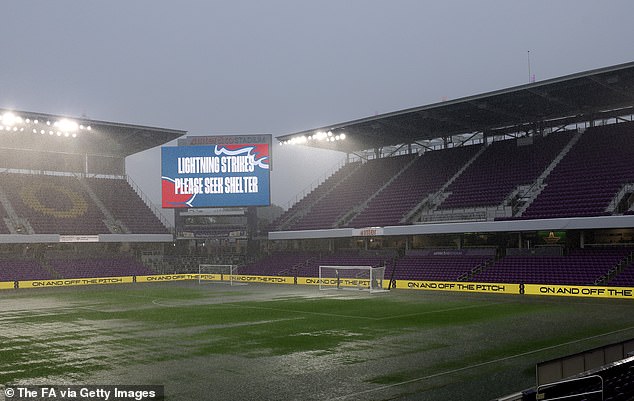 England's final World Cup warm-up match has been delayed due to torrential rain in Florida