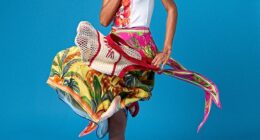 Vest, £12, and sandals, £22, asos.com. Skirt, £290, farmrio.uk. Earrings, £255, completedworks.com. Necklace, £6.99, hm.com. Bangle, £86, lineandcurrent.com. Bag, £24, oliverbonas.com