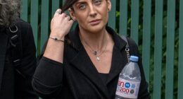 Michelle Molver, 30, admitted to 'kissing' and sending letters to murderer Kemai Mathurine, 23, while working at Belmarsh Prison but denies the charge of misconduct in a public office. Here she is pictured outside Woolwich Crown Court today