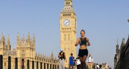 LONDON: A woman is seen jogging along Westminster Bridge this morning amid an extreme heat warning coming into force
