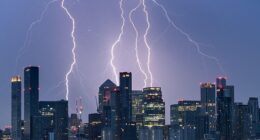 London saw major thunderstorms overnight, with lightning pictured over the city into the early hours