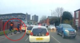 Terror on the streets of Rochdale: Dashcam footage captures the moment that machete wielding figures (circled) jump off motorbikes to attack another driver