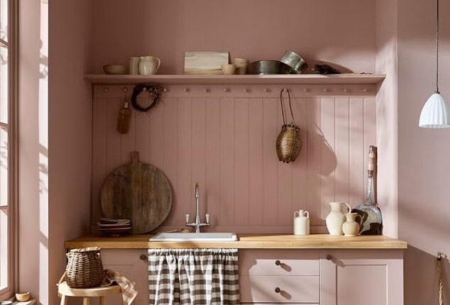 Colour-drenching the walls and ceiling in the same shade adds character in a modern space – this kitchen is painted with Flora’s Tale, £61.50 for 2.5l, earthbornpaints.co.uk.