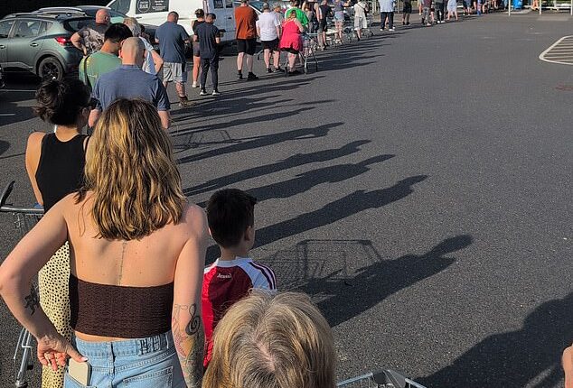 People queue to get their hands on an air conditioning unit from a Lidl in Southampton today
