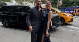 Hugh Jackman and Sutton Foster are said to be struggling to strike a work-life balance as their romance blossoms. Above, the couple at the New York premiere of The Death Of Robin Hood, in a social media post that was labelled 'cringe' by the actor's fans