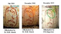 Pictured are images of the cartouche, showing damage appeared in 2006, years before the researchers entered the Great Pyramid