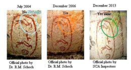 Pictured are images of the cartouche, showing damage appeared in 2006, years before the researchers entered the Great Pyramid