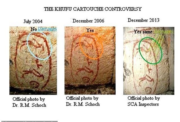 Pictured are images of the cartouche, showing damage appeared in 2006, years before the researchers entered the Great Pyramid