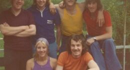 Linda and Jim Hendry (bottom) with (left to right) best man Alistair Gibb, Scotland stars John Blackley, Tommy Hutchison and Kenny Dalglish at their 1974 World Cup HQ in Erbismuhle, West Germany