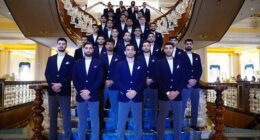 Iran's World Cup squad pose for a photo before leaving for the tournament in the USA