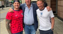Jeremy Clarkson gifted England fans Derry Thomas (left) and Gary Collier (right) with two free tickets ahead of this evening's clash with Ghana