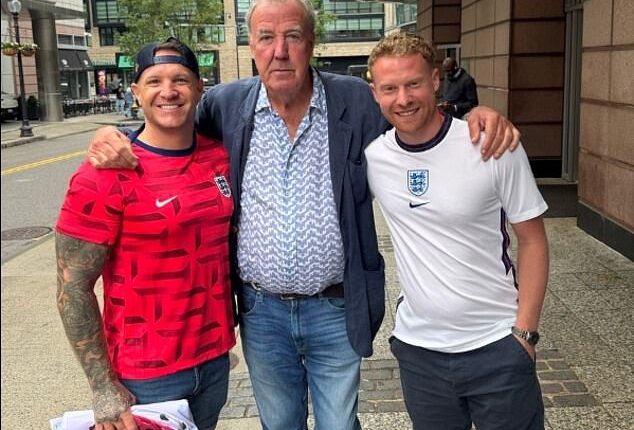 Jeremy Clarkson gifted England fans Derry Thomas (left) and Gary Collier (right) with two free tickets ahead of this evening's clash with Ghana
