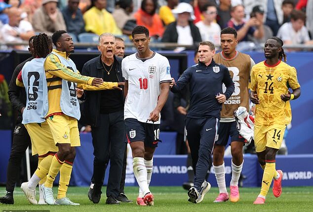 Jude Bellingham was involved in a heated confrontation with Ghana manager Carlos Queiroz at half-time of the World Cup clash
