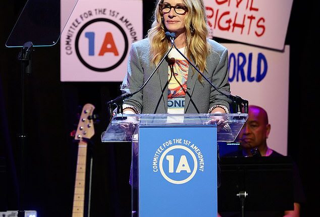 Julia Roberts joined a parade of stars offering a defense of the First Amendment as counterprogramming to President Donald Trump's Freedom 250 UFC match at NYC's Rise Up, Sing Out concert, which was put on by the Committee for the First Amendment