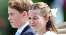 Princess Charlotte matched her mother, the Princess of Wales, in an elegant white and blue ensemble today as she attended Trooping the Colour in London