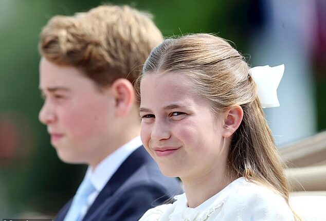 Princess Charlotte matched her mother, the Princess of Wales, in an elegant white and blue ensemble today as she attended Trooping the Colour in London