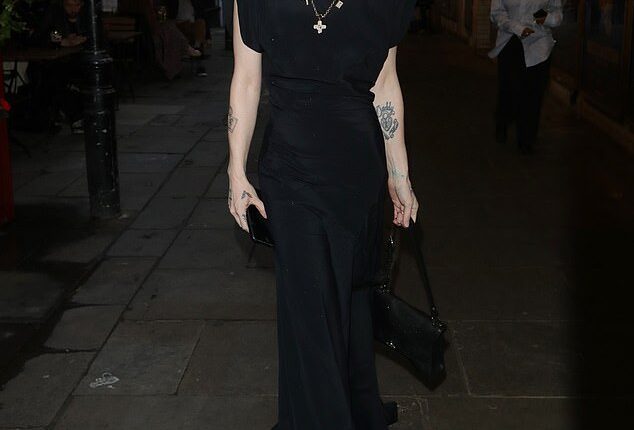Kelly Osbourne looked elegant in a black gown as she arrived at the J Sheekey x Vivienne Westwood terrace launch party in London on Monday night