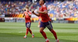 Lawrence Shankland celebrates scoring against Bolivia on Saturday night