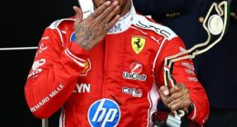 Lewis Hamilton, 41, shared a sweet moment with girlfriend Kim Kardashian as he blew her a kiss while at the podium during the F1 Monaco Grand Prix on Sunday
