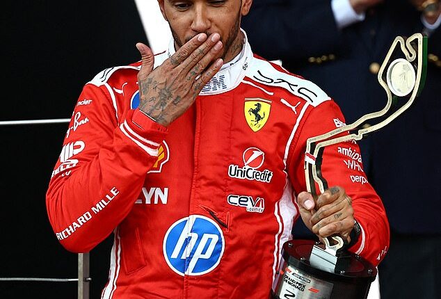 Lewis Hamilton, 41, shared a sweet moment with girlfriend Kim Kardashian as he blew her a kiss while at the podium during the F1 Monaco Grand Prix on Sunday