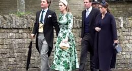 Footage shows Princess Beatrice and Princess Eugenie arriving at the wedding in Kemble with their husbands yesterday