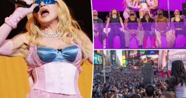 Madonna, 67, shocks in skintight pink corset at surprise NYC Times Square concert