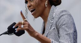 Former First Lady Michelle Obama took the podium on Thursday to praise her husband at the grand opening of his Presidential Center in Chicago