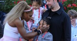 Serena Williams made a triumphant return to tennis on Tuesday at Queen's with her family watching on from the stands (Williams is pictured embracing her eldest daughter Olympia, eight)