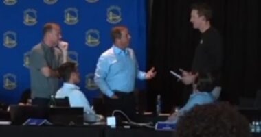 Fans believe Warriors owner Joe Lacob and GM Mike Dunleavy were getting in an argument just before they announced their selection with the 11th overall pick
