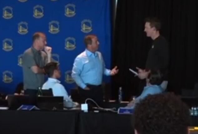 Fans believe Warriors owner Joe Lacob and GM Mike Dunleavy were getting in an argument just before they announced their selection with the 11th overall pick