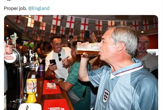 Reform UK's leader Nigel Farage showed his support for England with a picture of himself inside a pub wearing an England shirt downing a pint of ale. Online sleuths were quick to point out the picture was two-years-old