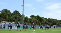 A major security scare has rocked the buildup to the World Cup after nine people were injured in a shooting just a short drive from England ’s tournament training base. (The squad, pictured, are currently in West Palm Beach, Florida)