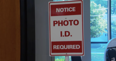 A sign noting Photo ID requirements at a polling place.