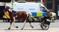 Travellers driving a horse and cart near a police van at Appleby Horse Fair yesterday