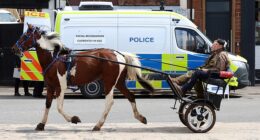 Travellers driving a horse and cart near a police van at Appleby Horse Fair yesterday