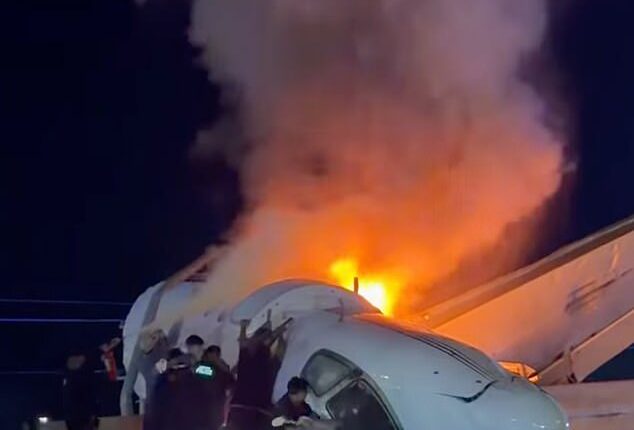 Footage shared online then showed the small aircraft laying upside down with flames bursting out its underbelly, sending smoke billowing through the air, as rescuers tried to break open the windshield
