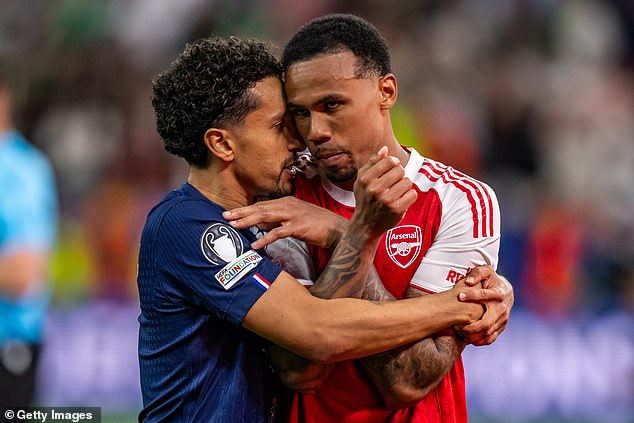 Paris Saint-Germain star Marquinhos consoled Arsenal's Gabriel after he missed his penalty in the Champions League final