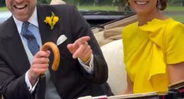 As the Prince and Princess of Wales travelled in the carriage procession for the second day of races yesterday, a jovial William appeared in high spirits for the annual sporting event in Berkshire