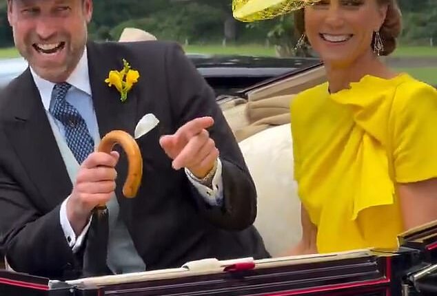 As the Prince and Princess of Wales travelled in the carriage procession for the second day of races yesterday, a jovial William appeared in high spirits for the annual sporting event in Berkshire