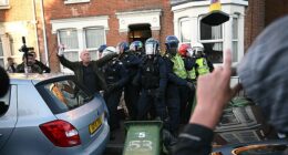 Police officers appear to be attacked by demonstrators near Portswood Police Station, following a protest in Southampton tonight