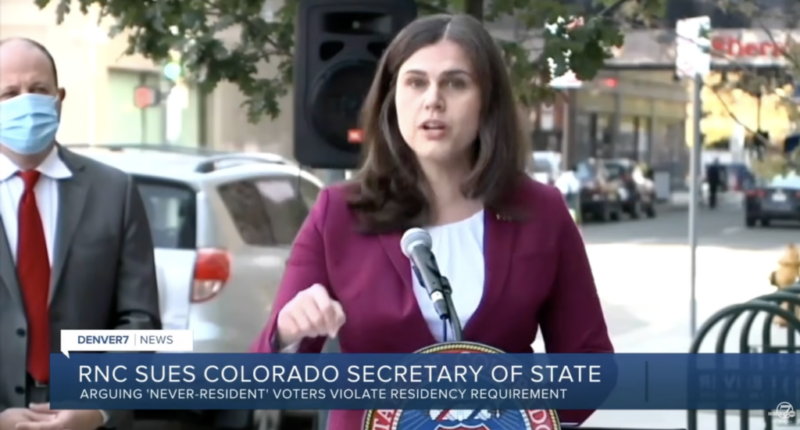 Colorado Secretary of State Jena Griswold speaks at a press conference.
