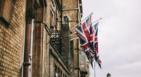 UK flags hanging from buildings.