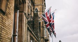 UK flags hanging from buildings.