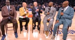 Shaquille O'Neal (left), Inside the NBA host Ernie Johnson (second from left), NBA commissioner Adam Silver (center), Kenny Smith (second from right) and Charles Barkley during last night's broadcast at Madison Square Garden